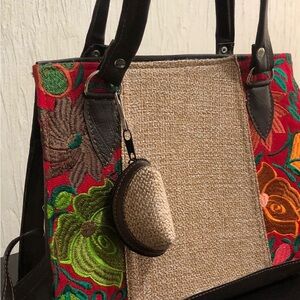 Woven Straw and Embroidered Floral Tote - Red & Green